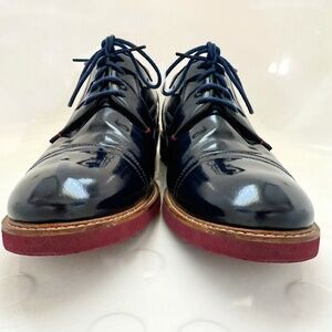 Ted Baker London, Blue Patent-Leather Cap Toe Shoes with Burgundy Stitching